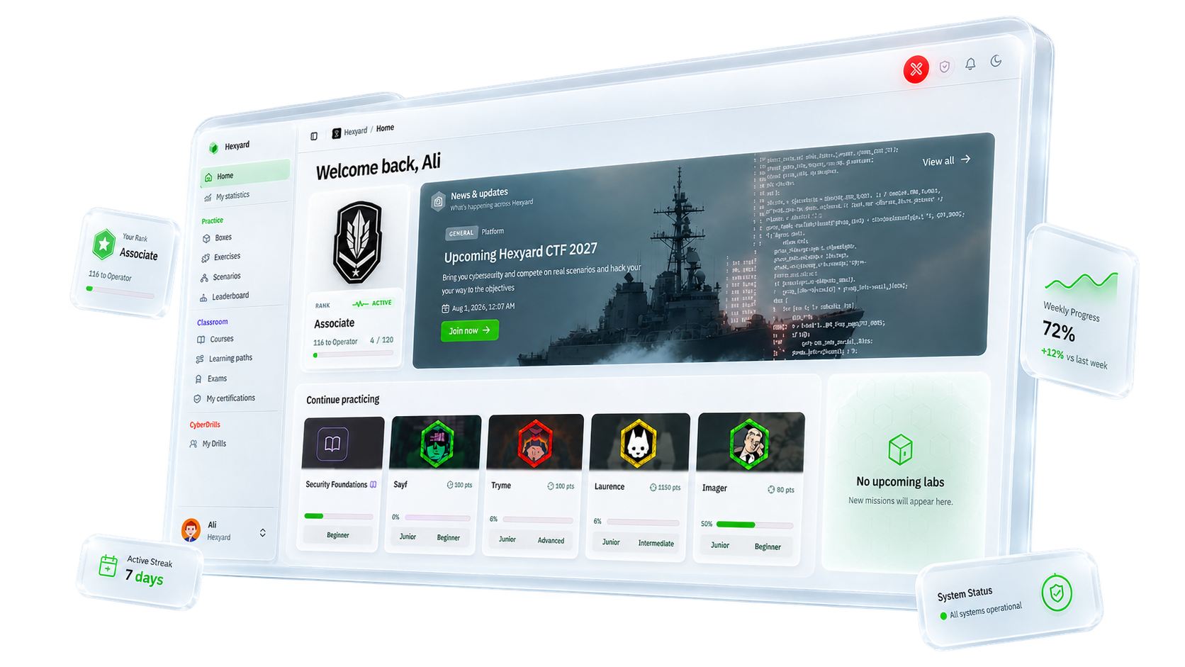 Hexyard workspace showing readiness, programs, and active practice missions